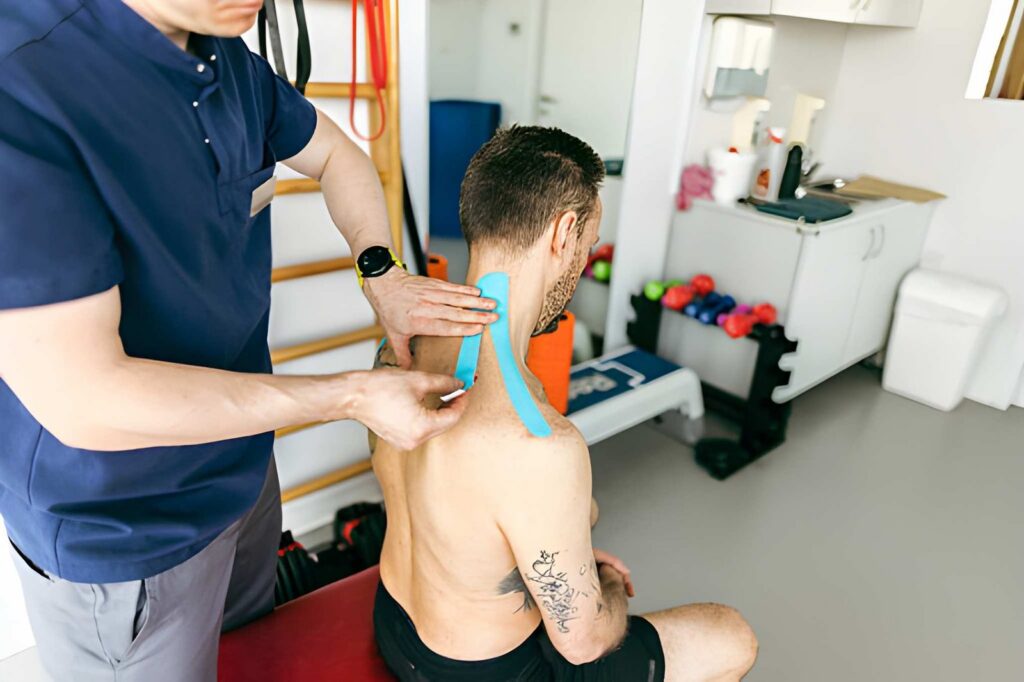 Physiotherapist applying blue kinesiology tape to neck