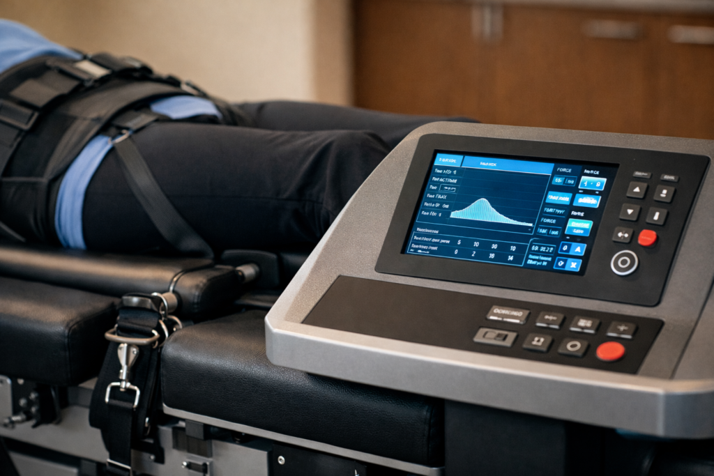 Spinal decompression table with monitor