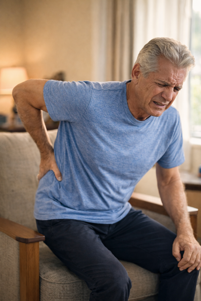 Older man clutching lower back while seated