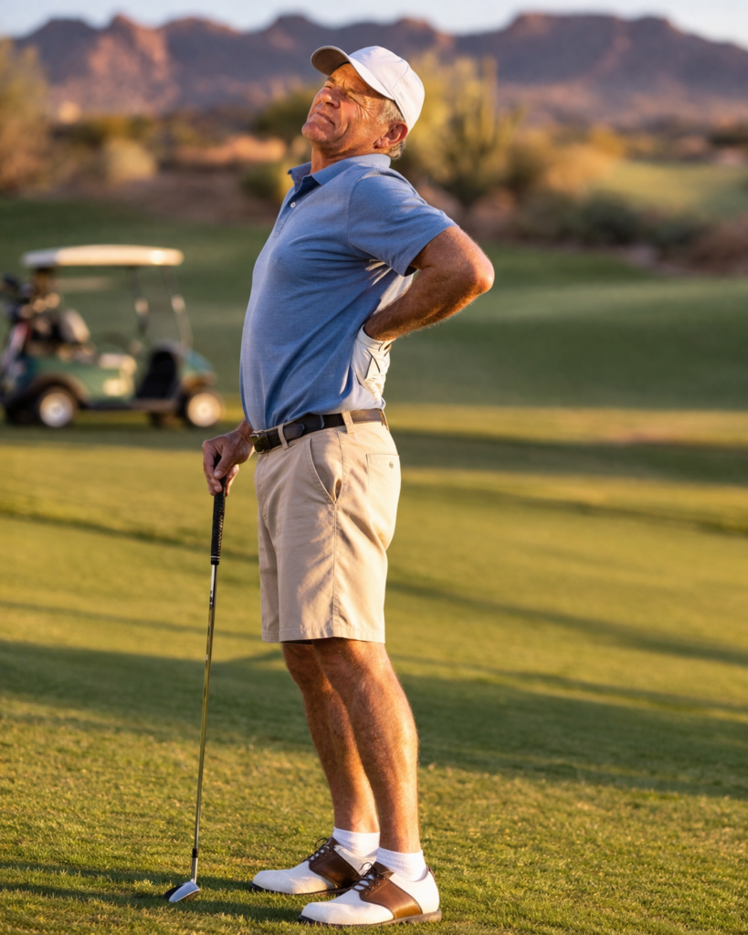 Golfer holding lower back on fairway