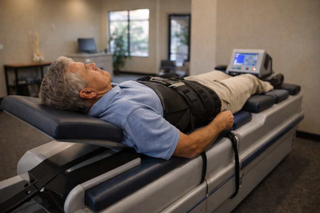 Man receiving spinal decompression therapy on table