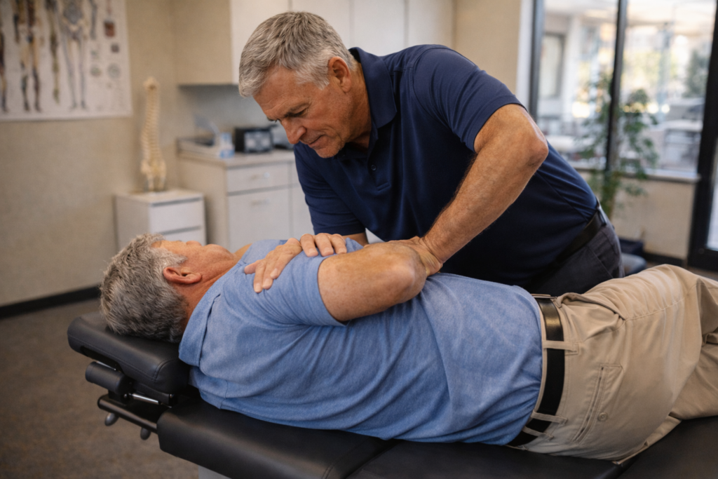 Chiropractor adjusting male patient on treatment table
