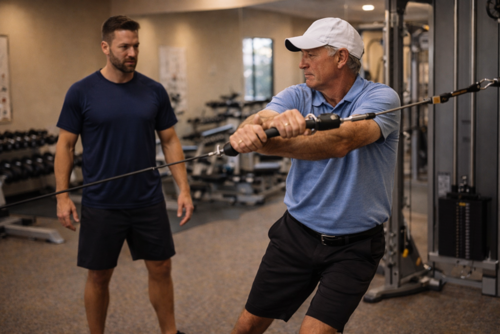 Older man doing cable rotation with trainer