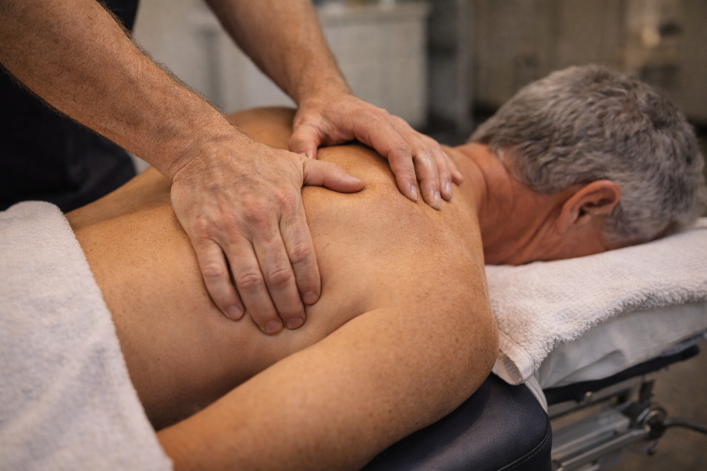 Massage therapist massaging man's upper back