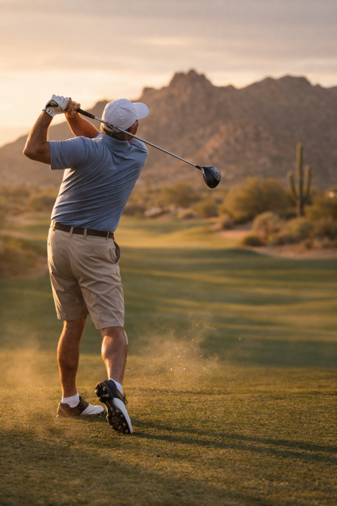 Golfer swinging on desert golf course at sunset
