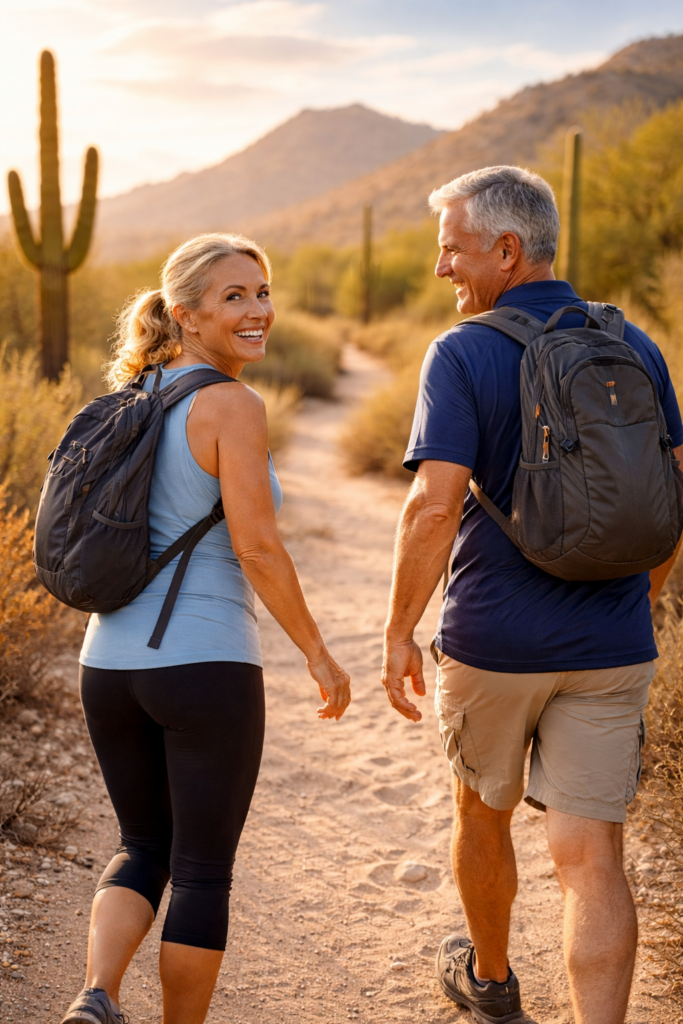 Smiling older couple hiking a desert trail