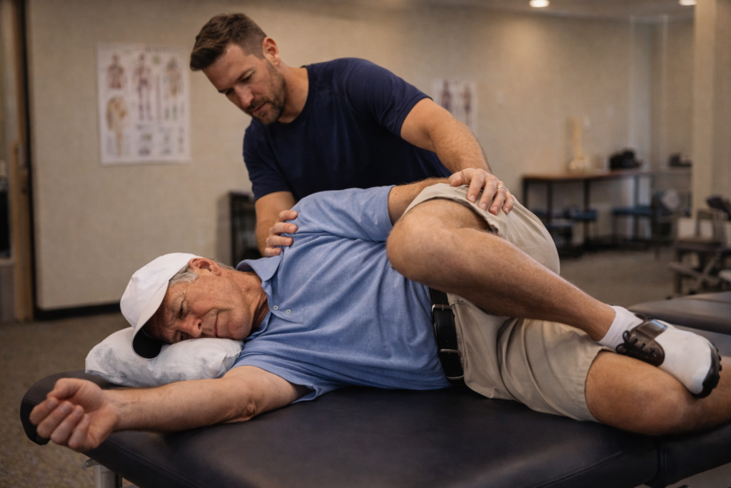 Physical therapist assisting senior man with stretch