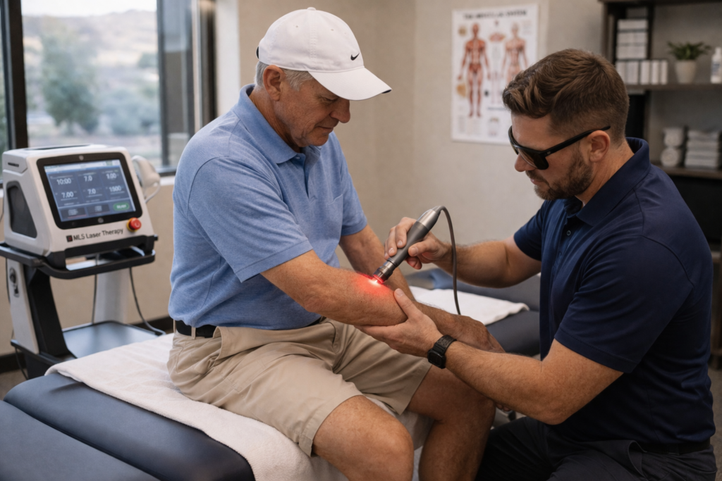 Therapist applying laser therapy to patient's arm