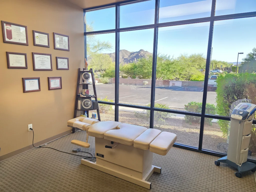 Chiropractic treatment room with mountain view