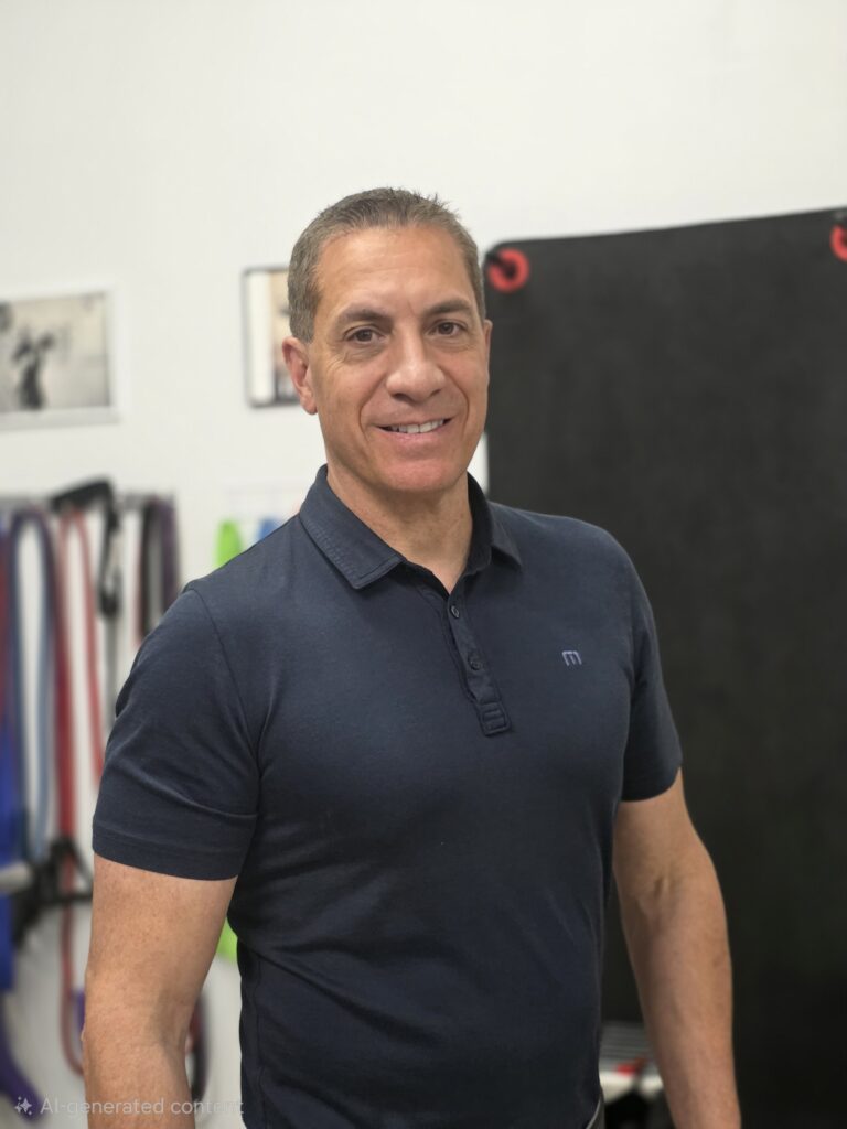 Smiling man in navy polo at gym